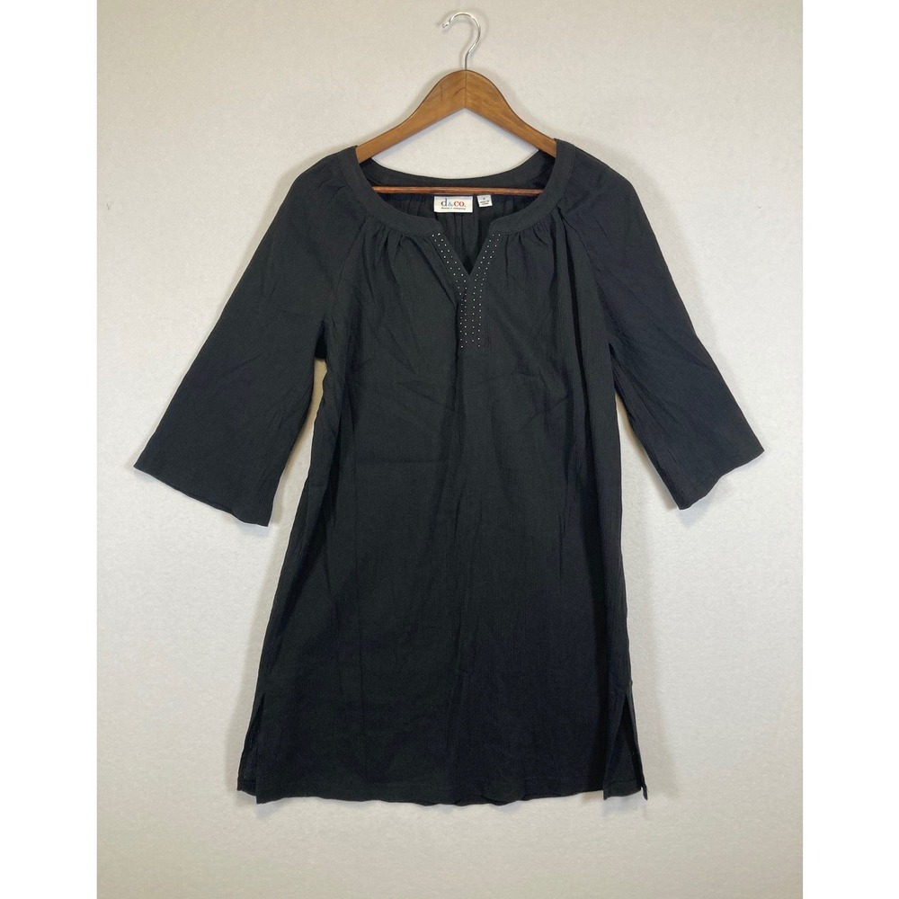 Denim & Co Tunic Women Small Black Studded‎ Split Neck 3/4 Sleeve Gauze Top